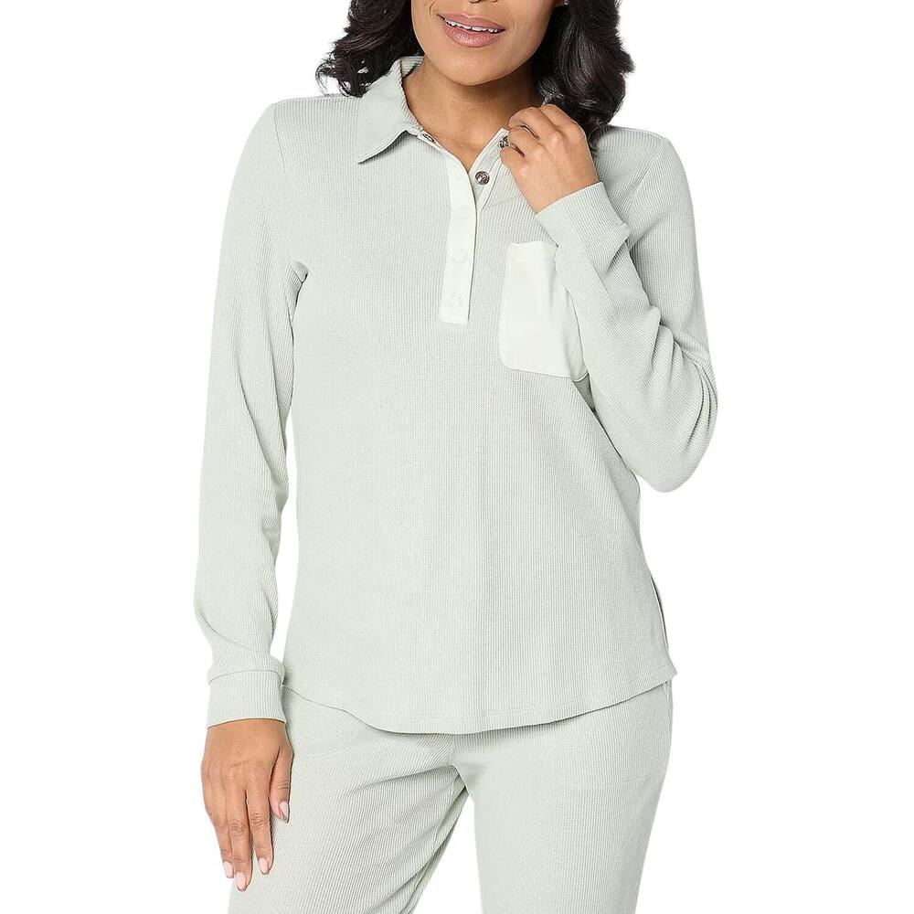 AnyBody Women's Cozy Knit Waffle Henley Top Aqua Grey - Regular